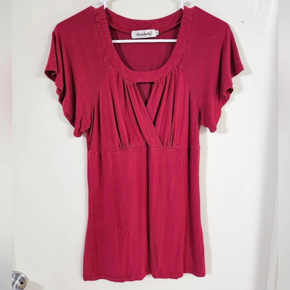Ninedaily Elegant Burgundy Flutter Sleeve Blouse